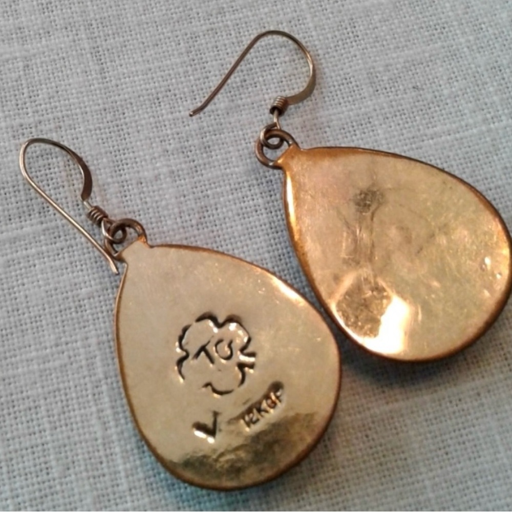 Native American Teddy Goodluck Navajo Vintage Turquoise 12 Kt Gold Earrings - Picture 8 of 10